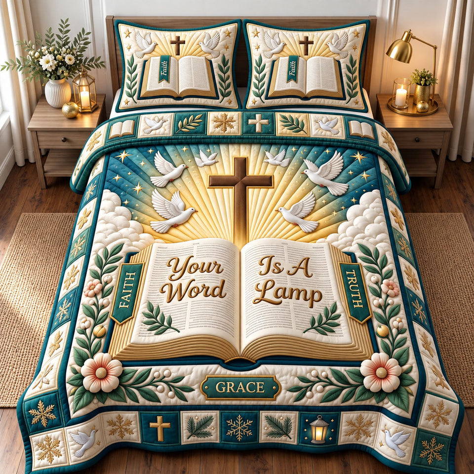Christian Faith in Blush and Tan quilted bedding set, quilt and two pillow shams on a made bed