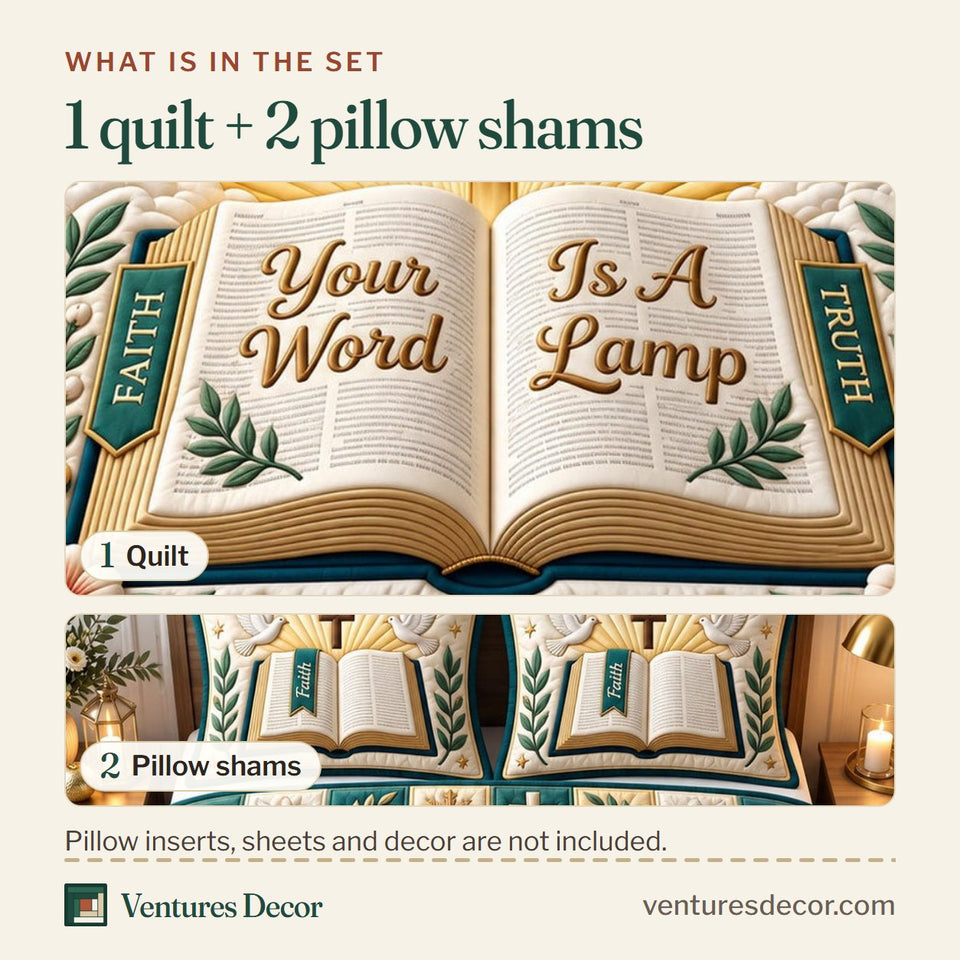 What is in the set: one quilt and two pillow shams, shown in the Christian Faith in Blush and Tan Quilt Set, 3-Piece Quilted Bedding with 2 Pillow Shams design