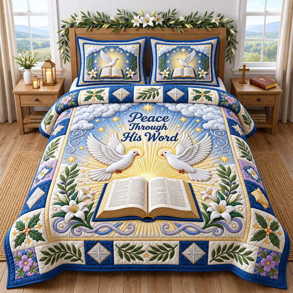 Christian Faith in Blush quilted bedding set, quilt and two pillow shams on a made bed