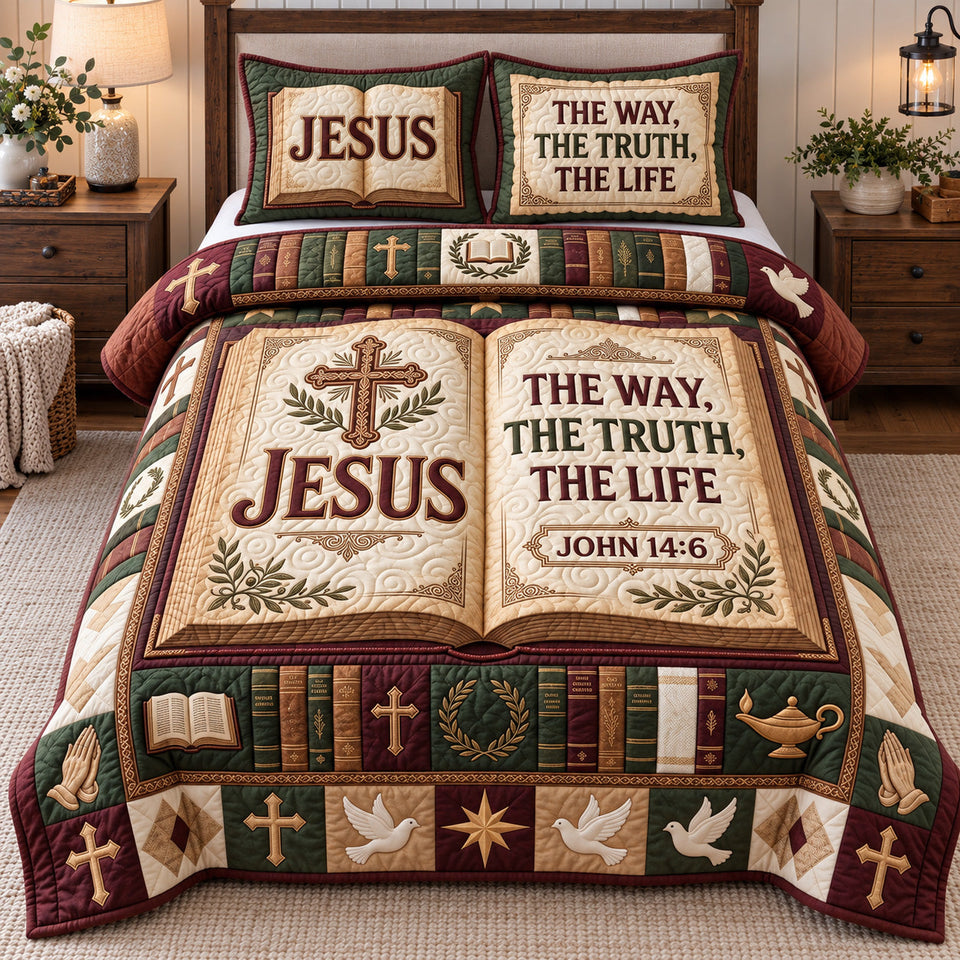 Christian Faith in Brown and Blush quilted bedding set, quilt and two pillow shams on a made bed
