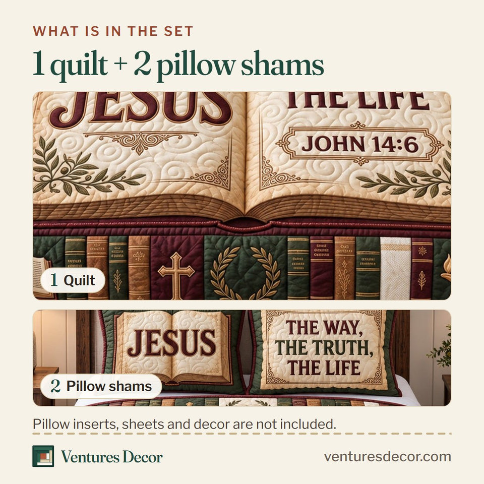 What is in the set: one quilt and two pillow shams, shown in the Christian Faith in Brown and Blush Quilt Set, 3-Piece Quilted Bedding with 2 Pillow Shams design