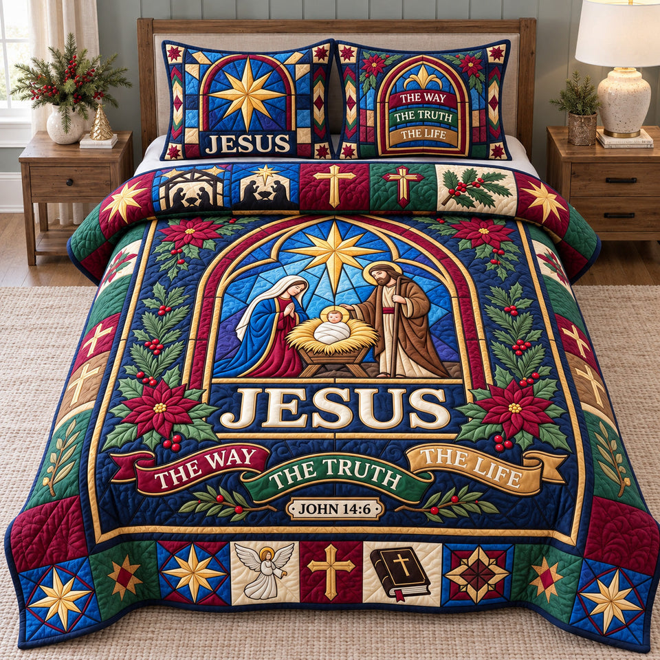 Christian Faith in Brown and Charcoal quilted bedding set, quilt and two pillow shams on a made bed