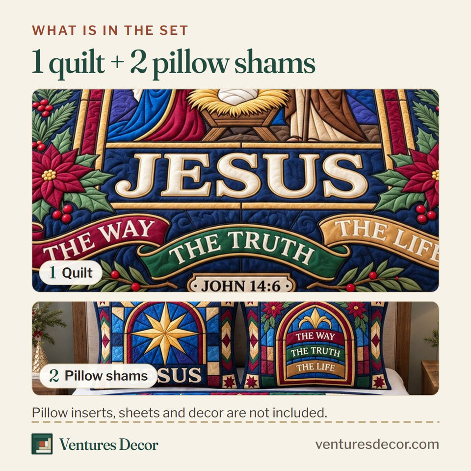 What is in the set: one quilt and two pillow shams, shown in the Christian Faith in Brown and Charcoal Quilt Set, 3-Piece Quilted Bedding with 2 Pillow Shams design