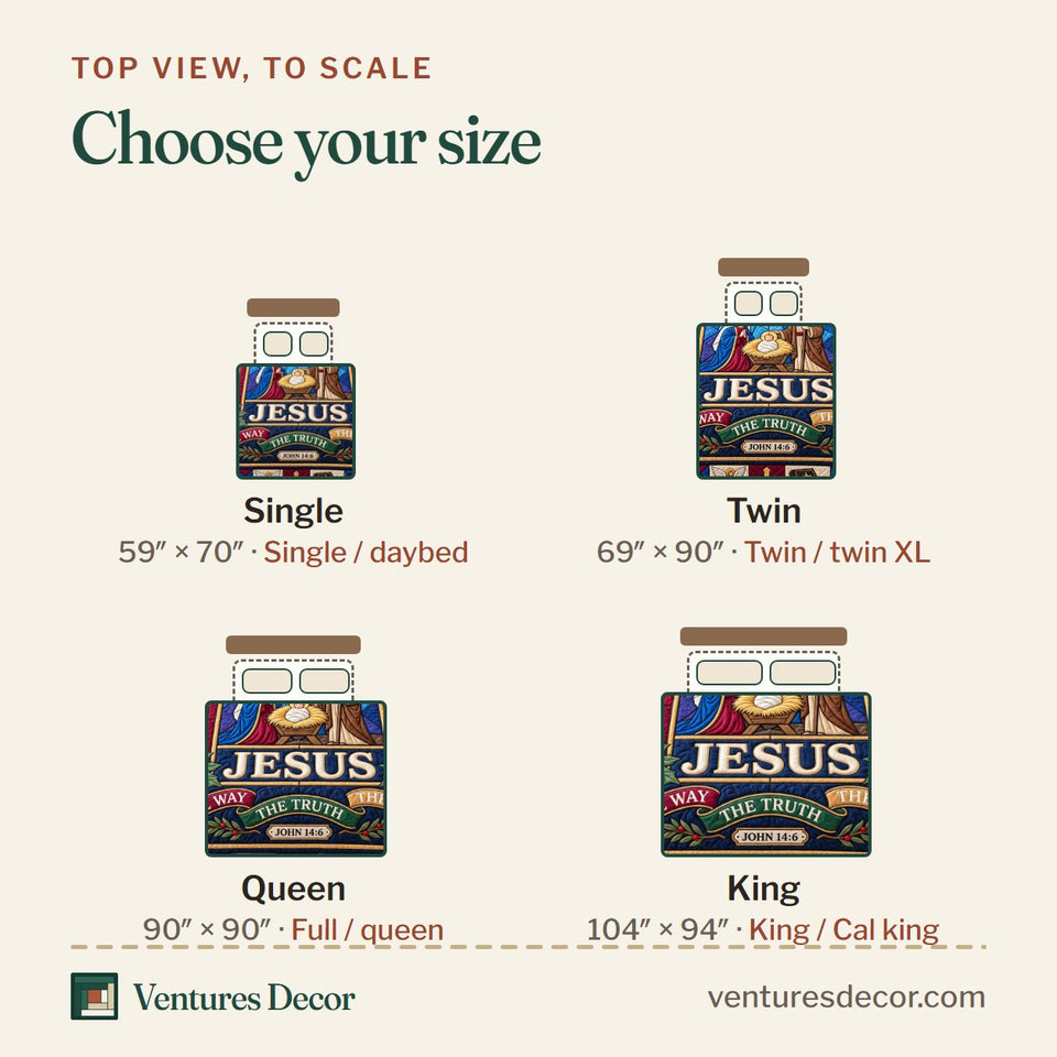 Size guide for the Christian Faith in Brown and Charcoal Quilt Set, 3-Piece Quilted Bedding with 2 Pillow Shams quilt, top view to scale: Single 59 x 70 in, Twin 69 x 90 in, Queen 90 x 90 in, King 104 x 94 in