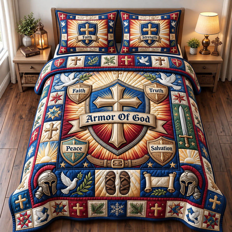 Christian Faith in Brown and Navy quilted bedding set, quilt and two pillow shams on a made bed