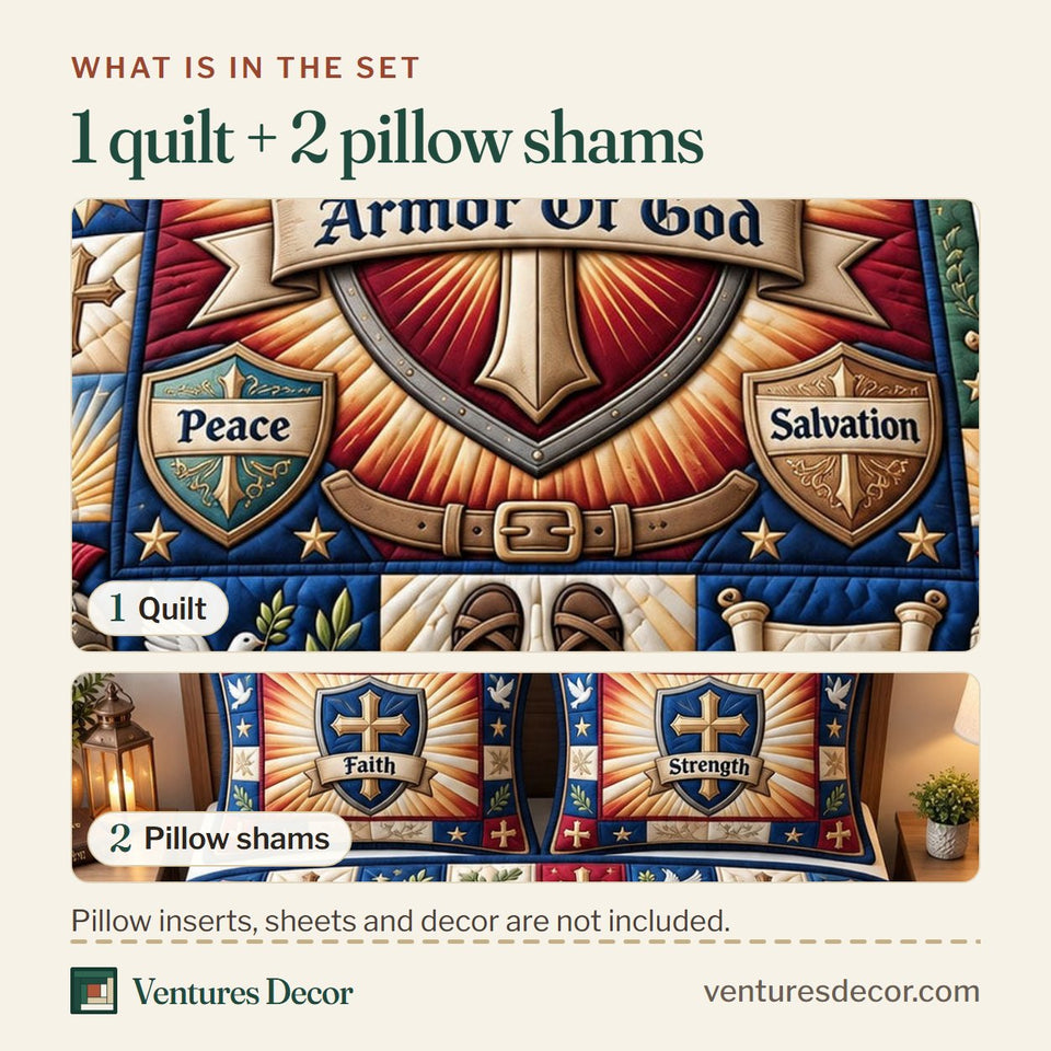 What is in the set: one quilt and two pillow shams, shown in the Christian Faith in Brown and Navy Quilt Set, 3-Piece Quilted Bedding with 2 Pillow Shams design