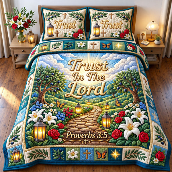 Christian Faith in Brown quilted bedding set, quilt and two pillow shams on a made bed