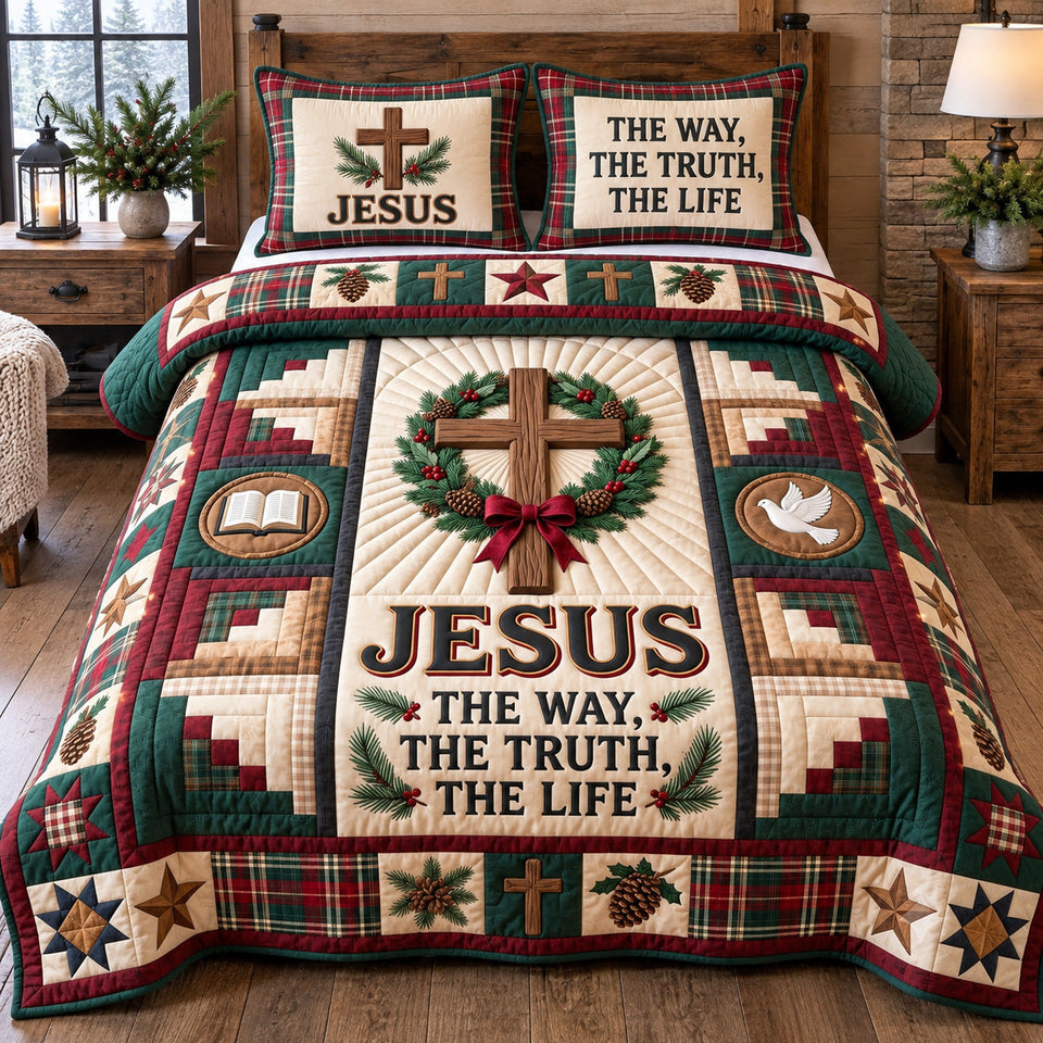 Christian Faith in Charcoal and Brown quilted bedding set, quilt and two pillow shams on a made bed