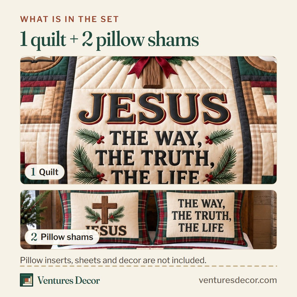 What is in the set: one quilt and two pillow shams, shown in the Christian Faith in Charcoal and Brown Quilt Set, 3-Piece Quilted Bedding with 2 Pillow Shams design
