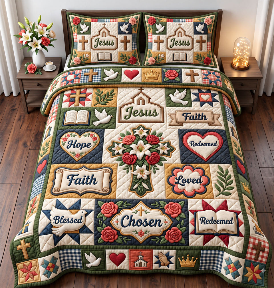 Christian Faith in Charcoal and Cream quilted bedding set, quilt and two pillow shams on a made bed