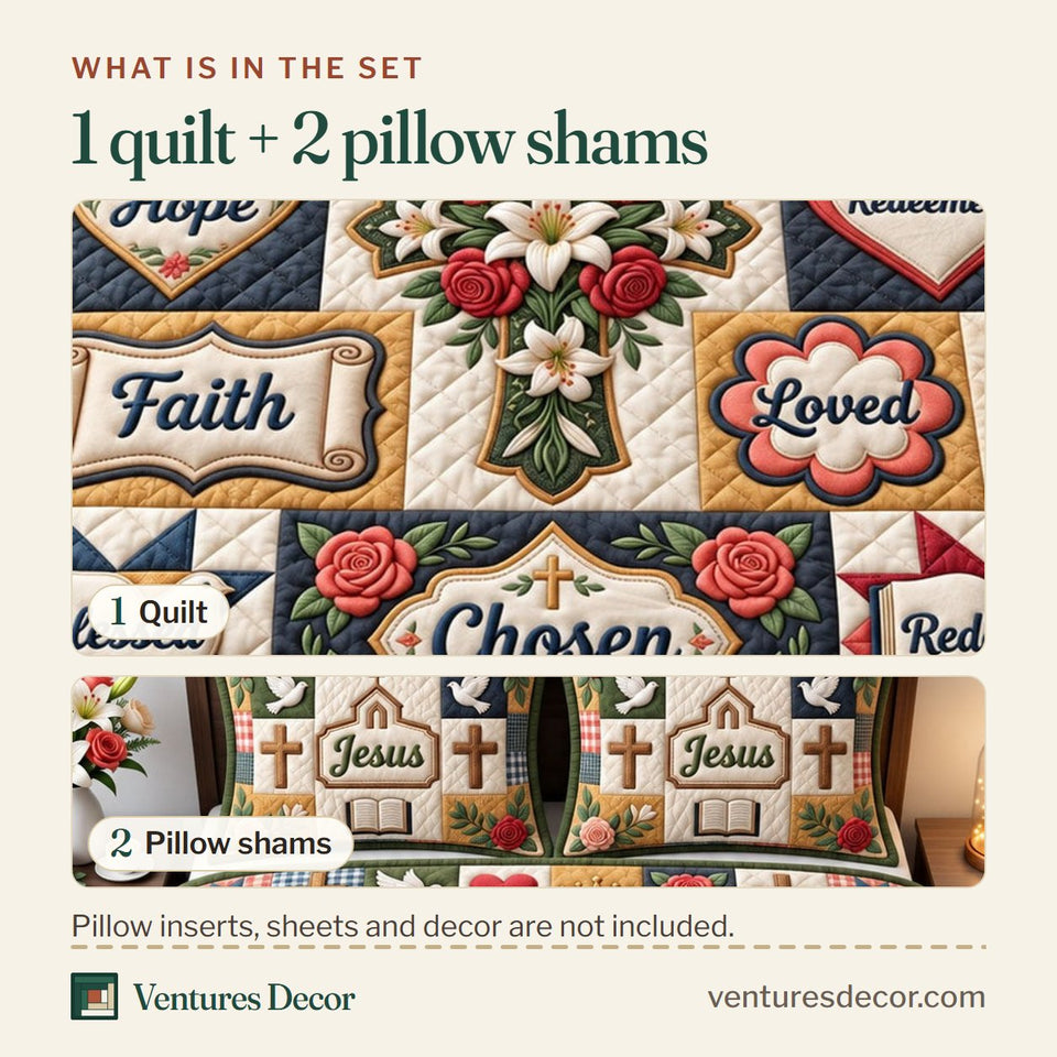 What is in the set: one quilt and two pillow shams, shown in the Christian Faith in Charcoal and Cream Quilt Set, 3-Piece Quilted Bedding with 2 Pillow Shams design