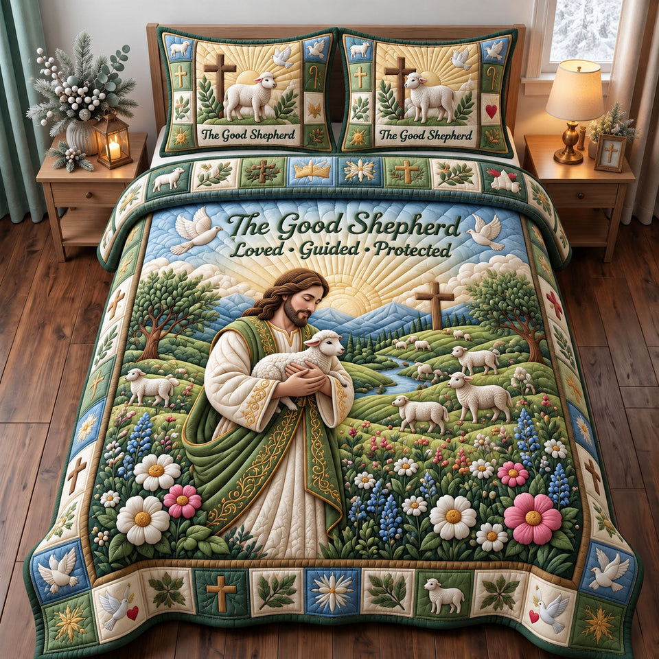 Christian Faith in Charcoal and Gray quilted bedding set, quilt and two pillow shams on a made bed
