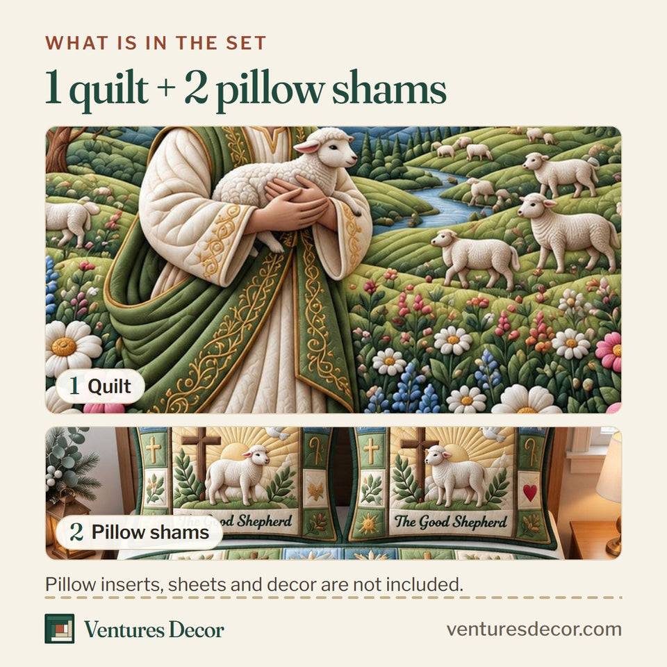What is in the set: one quilt and two pillow shams, shown in the Christian Faith in Charcoal and Gray Quilt Set, 3-Piece Quilted Bedding with 2 Pillow Shams design