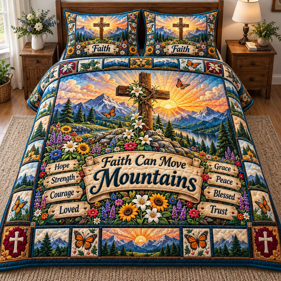 Christian Faith in Charcoal and Tan quilted bedding set, quilt and two pillow shams on a made bed