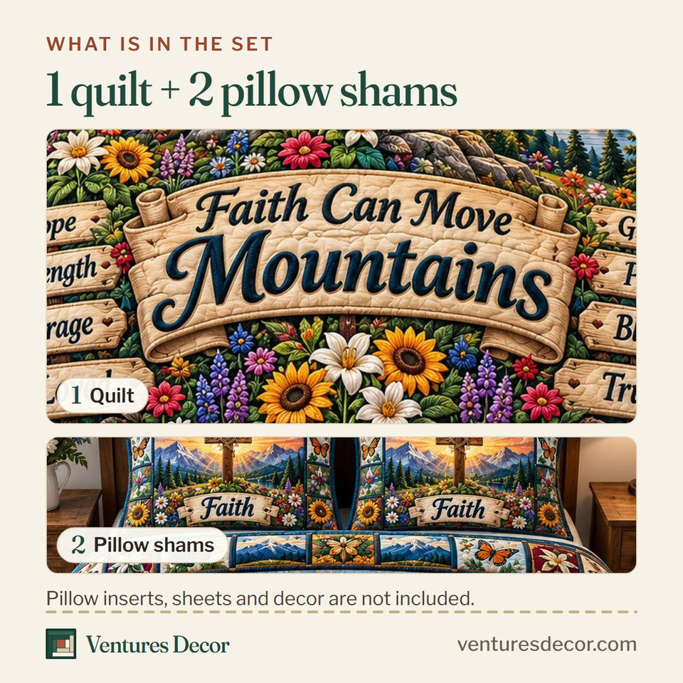 What is in the set: one quilt and two pillow shams, shown in the Christian Faith in Charcoal and Tan Quilt Set, 3-Piece Quilted Bedding with 2 Pillow Shams design