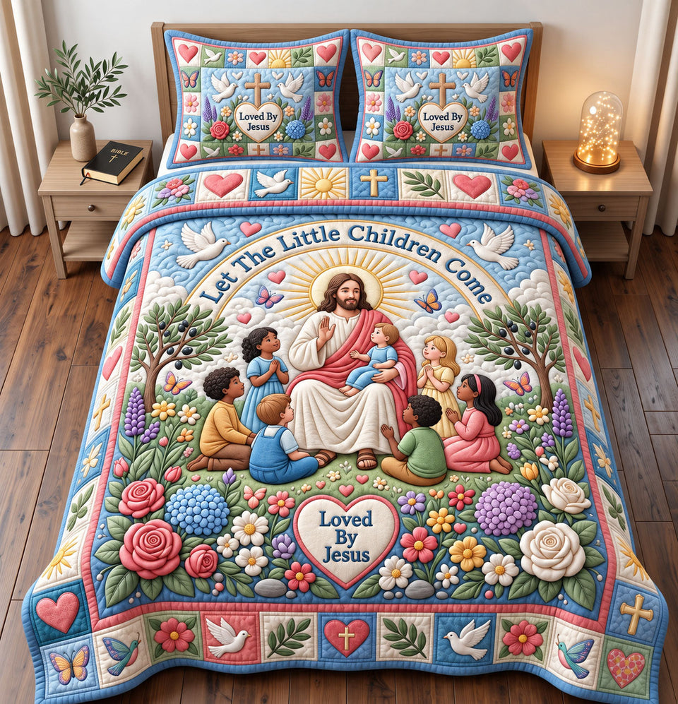Christian Faith in Cream and Brown quilted bedding set, quilt and two pillow shams on a made bed