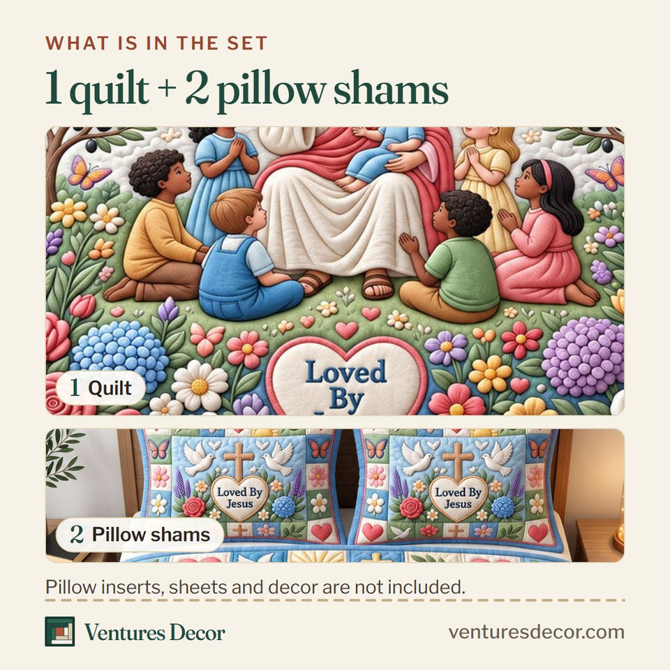 What is in the set: one quilt and two pillow shams, shown in the Christian Faith in Cream and Brown Quilt Set, 3-Piece Quilted Bedding with 2 Pillow Shams design
