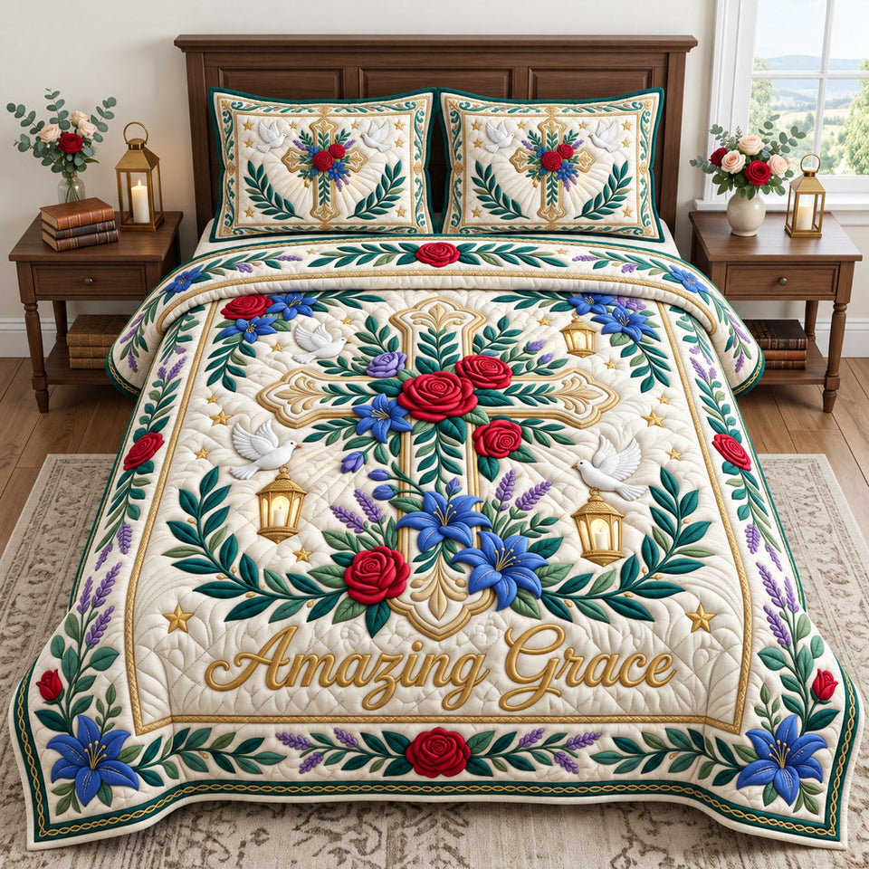 Christian Faith in Cream and Tan quilted bedding set, quilt and two pillow shams on a made bed