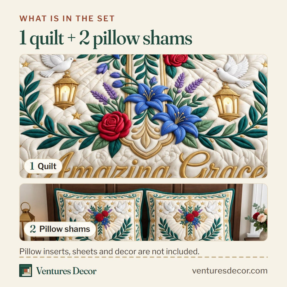 What is in the set: one quilt and two pillow shams, shown in the Christian Faith in Cream and Tan design