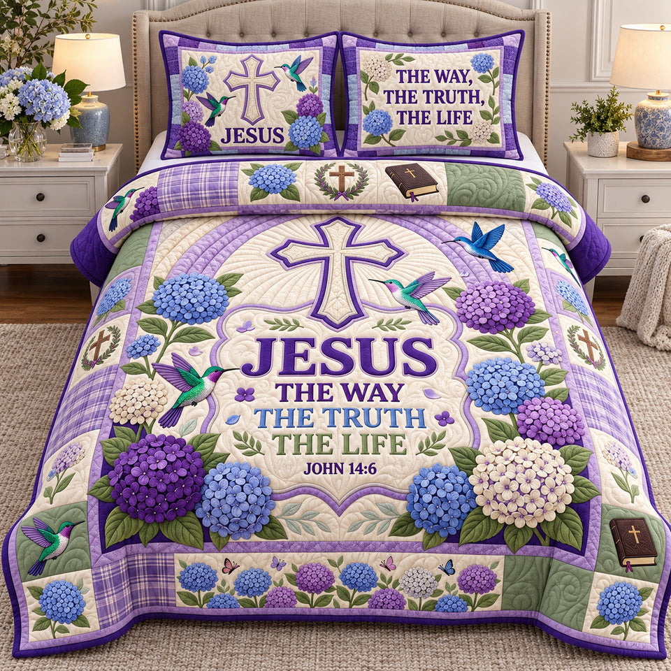 Christian Faith in Gray and Blush quilted bedding set, quilt and two pillow shams on a made bed