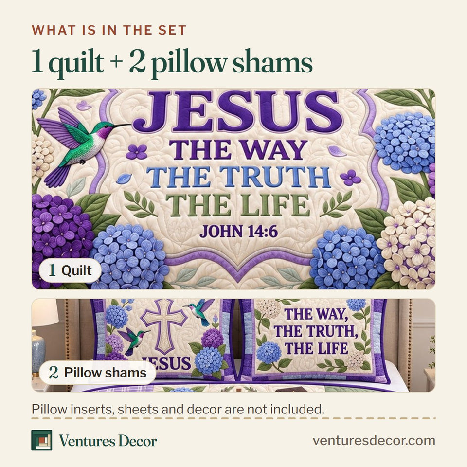 What is in the set: one quilt and two pillow shams, shown in the Christian Faith in Gray and Blush Quilt Set, 3-Piece Quilted Bedding with 2 Pillow Shams design