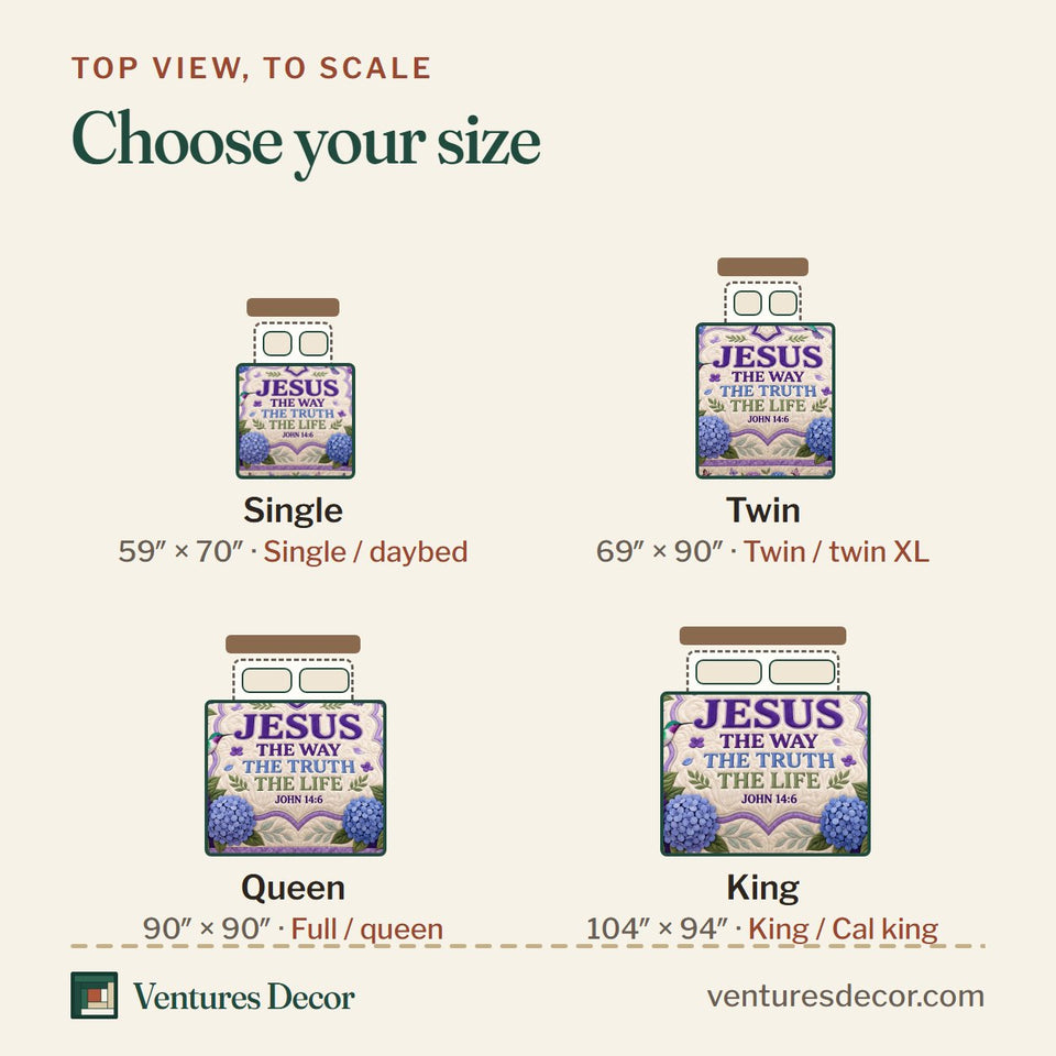 Size guide for the Christian Faith in Gray and Blush Quilt Set, 3-Piece Quilted Bedding with 2 Pillow Shams quilt, top view to scale: Single 59 x 70 in, Twin 69 x 90 in, Queen 90 x 90 in, King 104 x 94 in