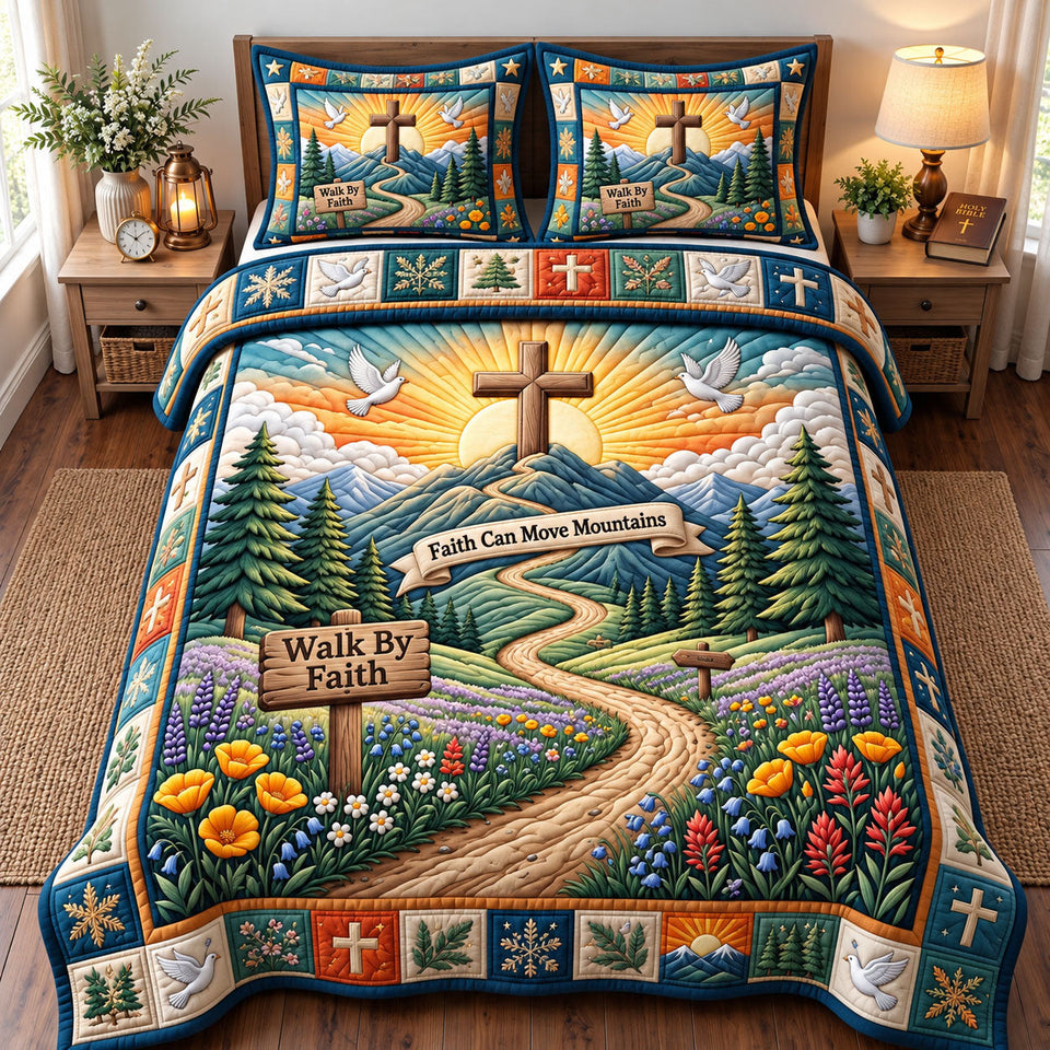 Christian Faith in Gray and Brown quilted bedding set, quilt and two pillow shams on a made bed