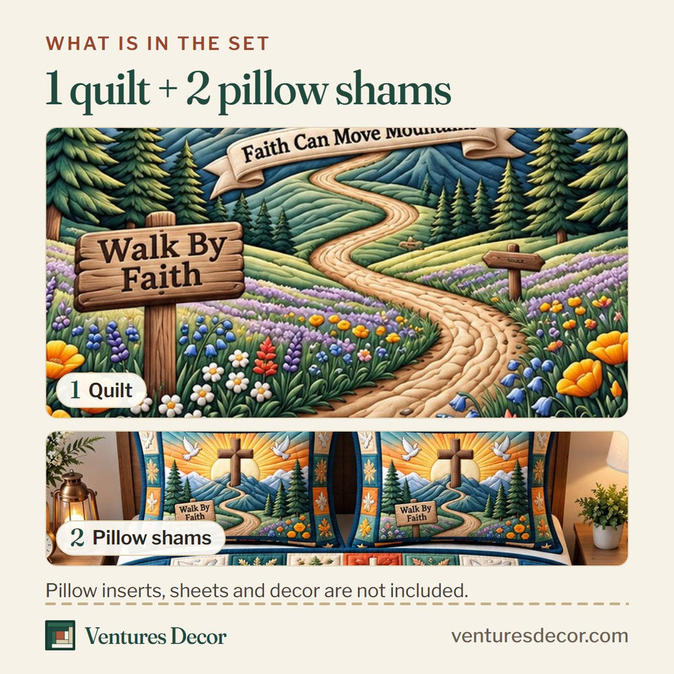 What is in the set: one quilt and two pillow shams, shown in the Christian Faith in Gray and Brown Quilt Set, 3-Piece Quilted Bedding with 2 Pillow Shams design