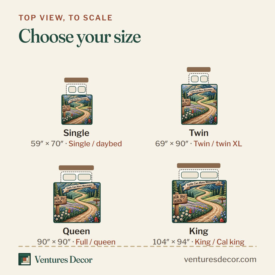 Size guide for the Christian Faith in Gray and Brown Quilt Set, 3-Piece Quilted Bedding with 2 Pillow Shams quilt, top view to scale: Single 59 x 70 in, Twin 69 x 90 in, Queen 90 x 90 in, King 104 x 94 in