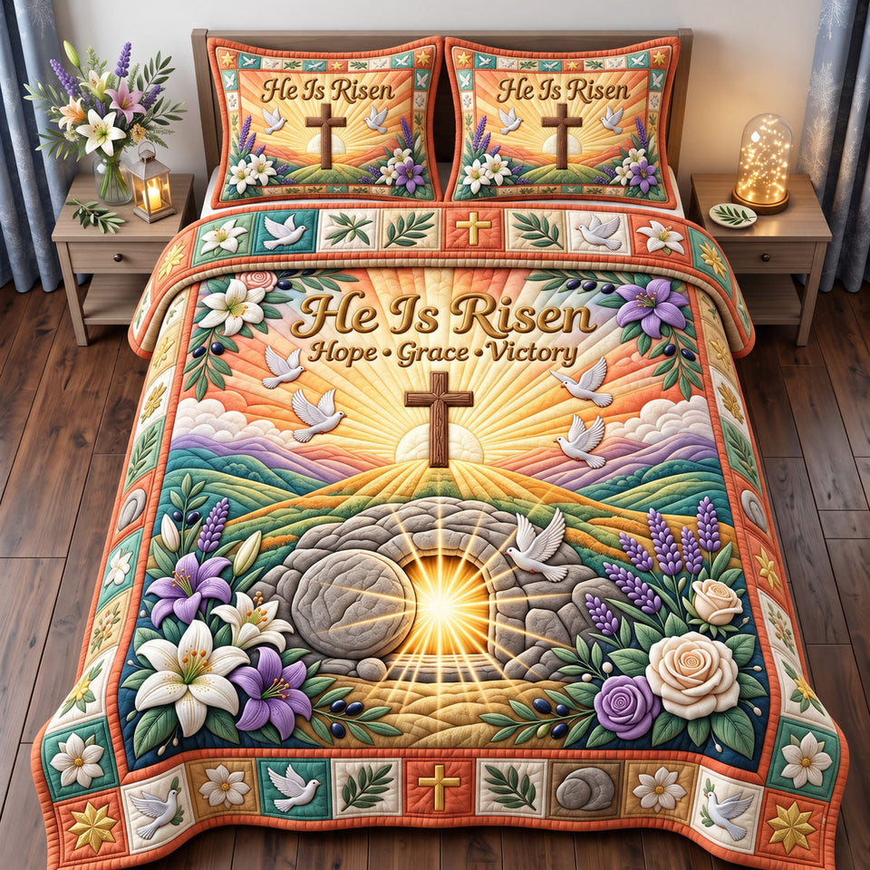 Christian Faith in Gray and Tan quilted bedding set, quilt and two pillow shams on a made bed