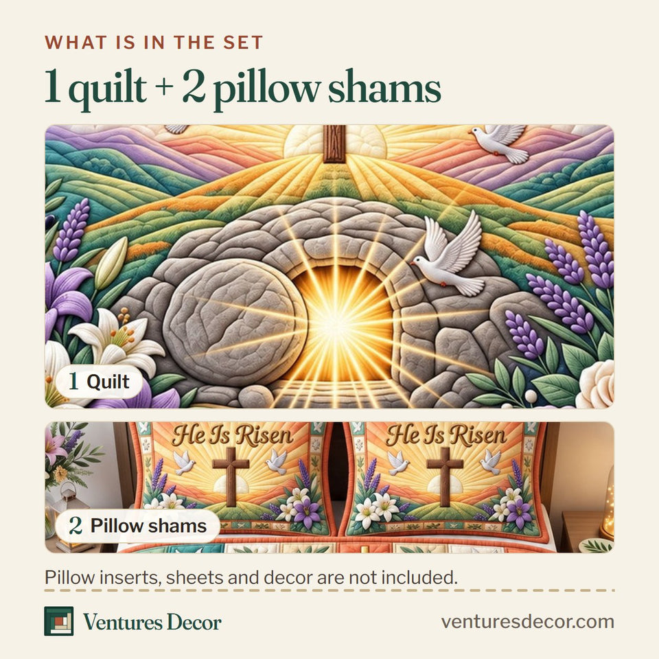 What is in the set: one quilt and two pillow shams, shown in the Christian Faith in Gray and Tan Quilt Set, 3-Piece Quilted Bedding with 2 Pillow Shams design