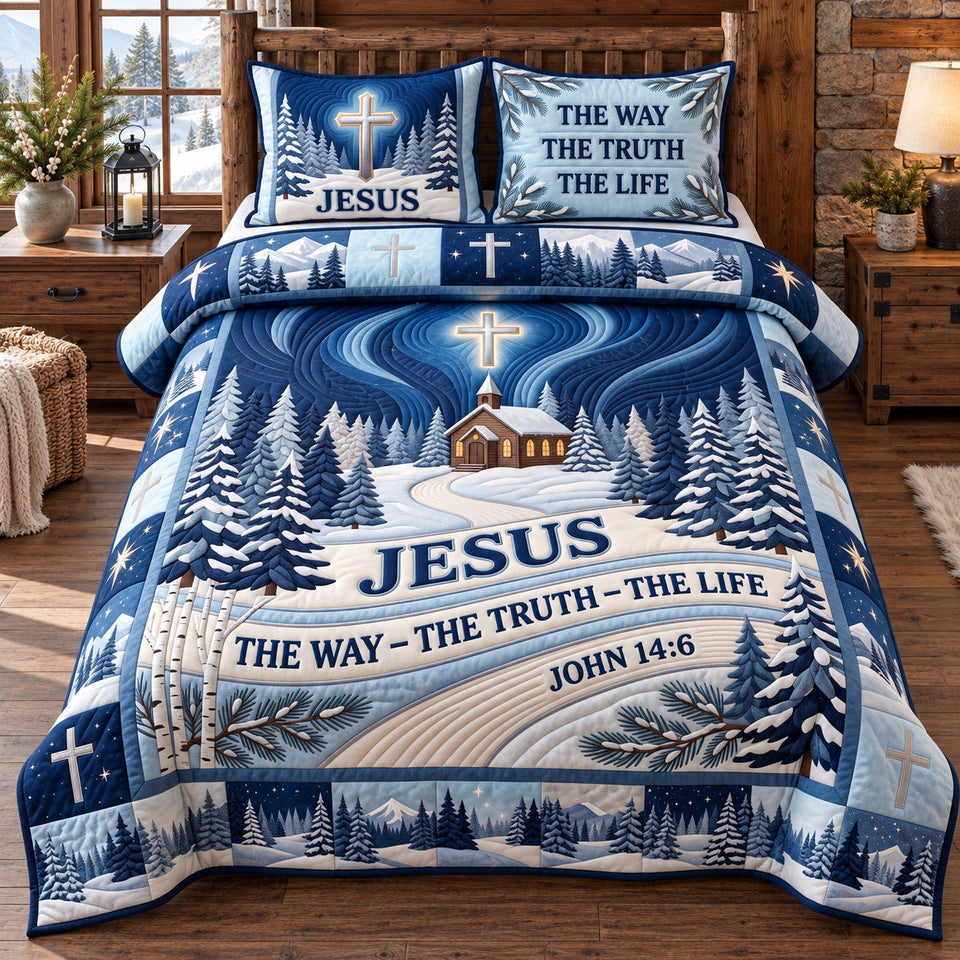 Christian Faith in Lavender quilted bedding set, quilt and two pillow shams on a made bed