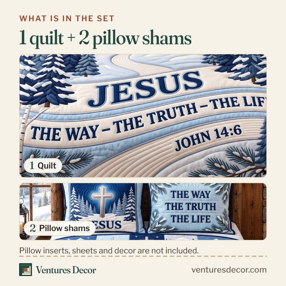 What is in the set: one quilt and two pillow shams, shown in the Christian Faith in Lavender Quilt Set, 3-Piece Quilted Bedding with 2 Pillow Shams design