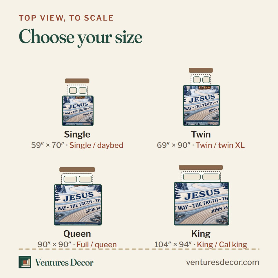 Size guide for the Christian Faith in Lavender Quilt Set, 3-Piece Quilted Bedding with 2 Pillow Shams quilt, top view to scale: Single 59 x 70 in, Twin 69 x 90 in, Queen 90 x 90 in, King 104 x 94 in