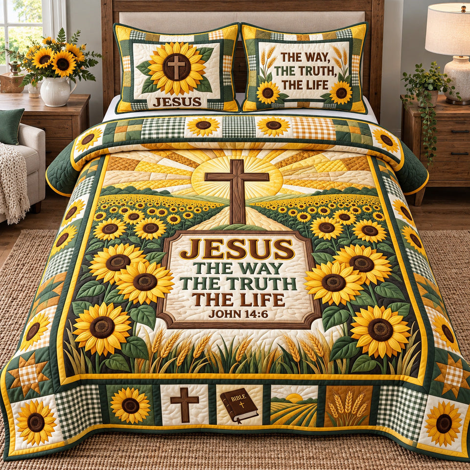 Christian Faith in Mustard quilted bedding set, quilt and two pillow shams on a made bed