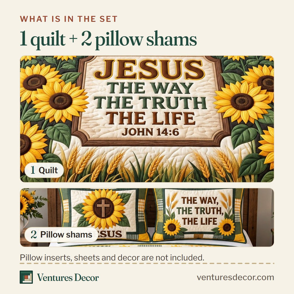 What is in the set: one quilt and two pillow shams, shown in the Christian Faith in Mustard Quilt Set, 3-Piece Quilted Bedding with 2 Pillow Shams design