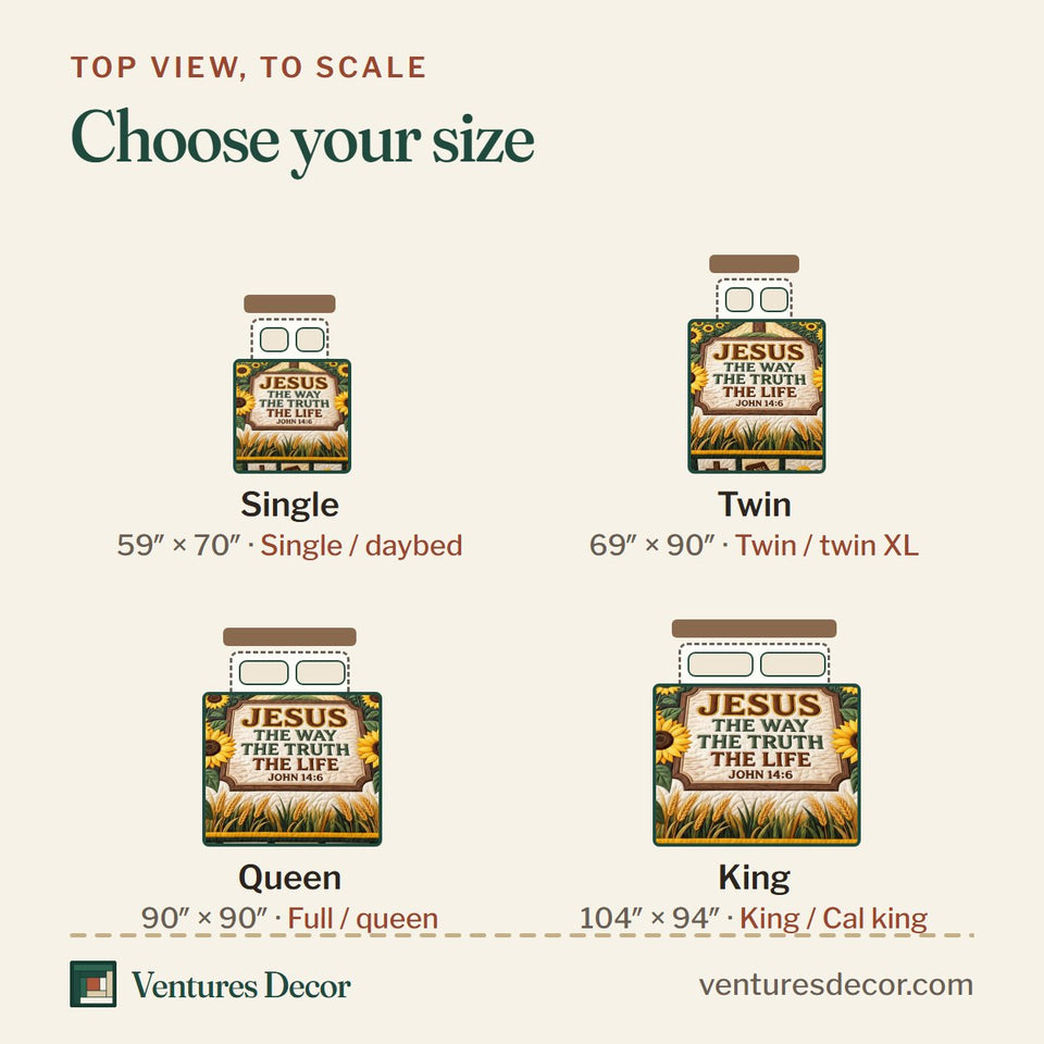 Size guide for the Christian Faith in Mustard Quilt Set, 3-Piece Quilted Bedding with 2 Pillow Shams quilt, top view to scale: Single 59 x 70 in, Twin 69 x 90 in, Queen 90 x 90 in, King 104 x 94 in