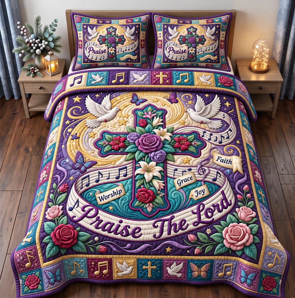 Christian Faith in Purple quilted bedding set, quilt and two pillow shams on a made bed