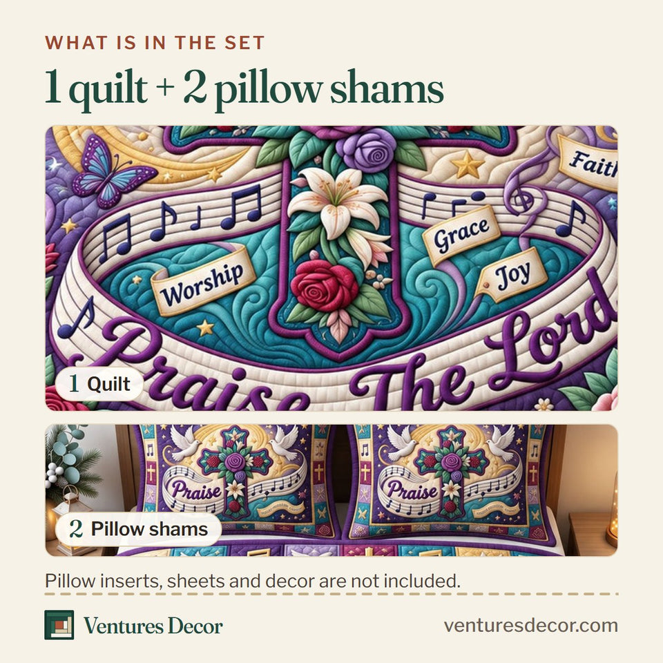 What is in the set: one quilt and two pillow shams, shown in the Christian Faith in Purple Quilt Set, 3-Piece Quilted Bedding with 2 Pillow Shams design