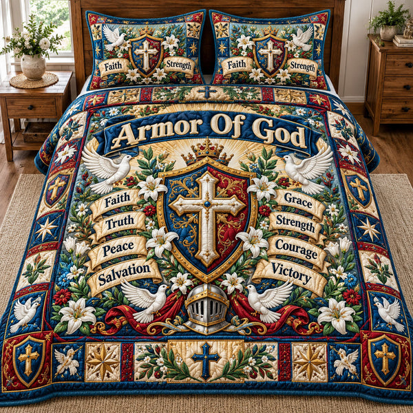 Christian Faith in Tan and Charcoal quilted bedding set, quilt and two pillow shams on a made bed