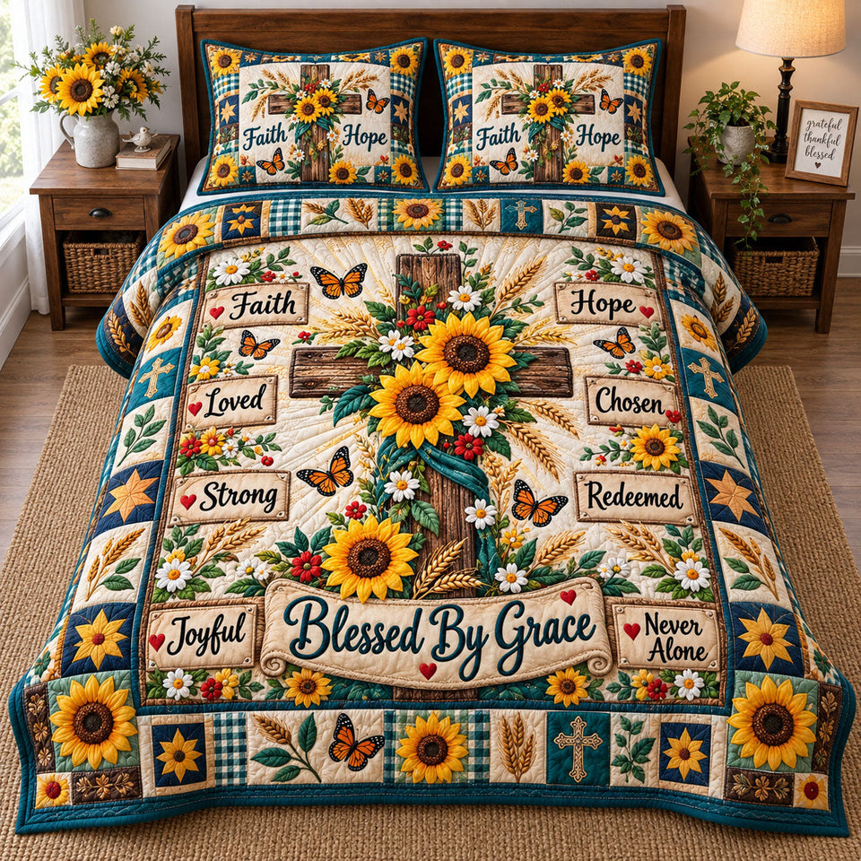 Christian Faith in Tan and Gray quilted bedding set, quilt and two pillow shams on a made bed