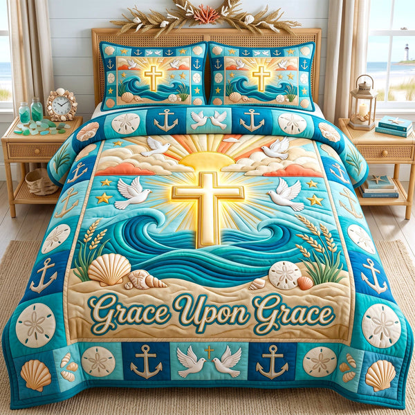 Christian Faith in Tan quilted bedding set, quilt and two pillow shams on a made bed