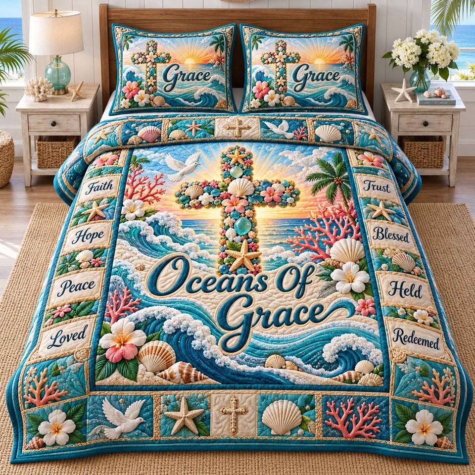 Christian Faith in Teal and Blush quilted bedding set, quilt and two pillow shams on a made bed