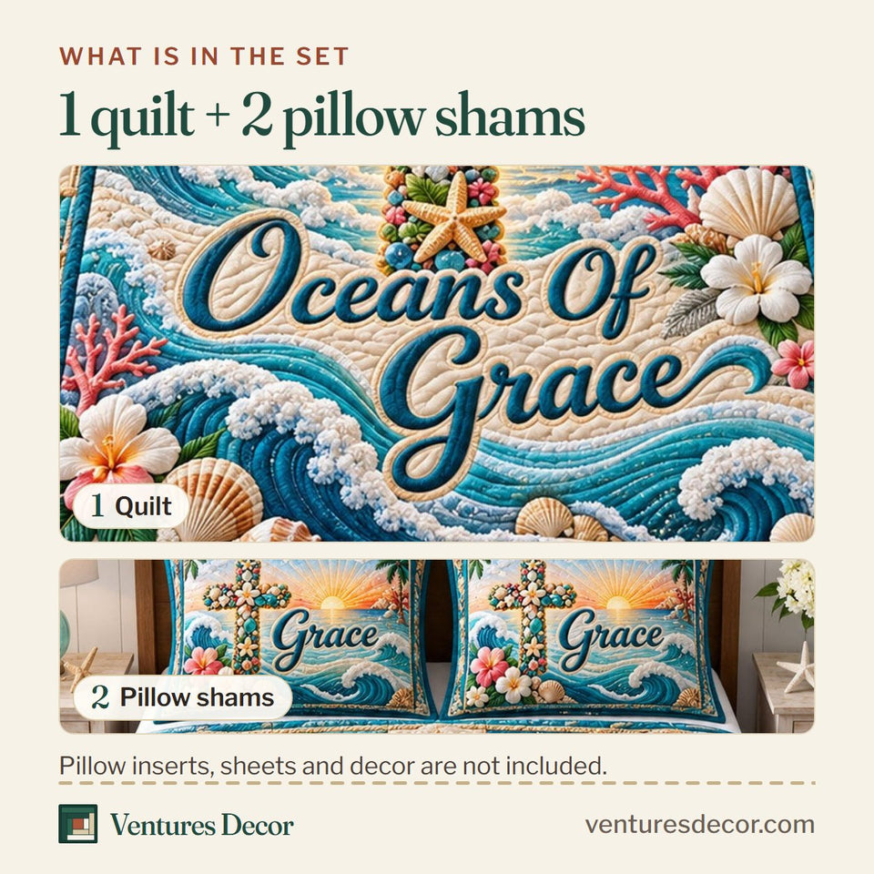What is in the set: one quilt and two pillow shams, shown in the Christian Faith in Teal and Blush Quilt Set, 3-Piece Quilted Bedding with 2 Pillow Shams design