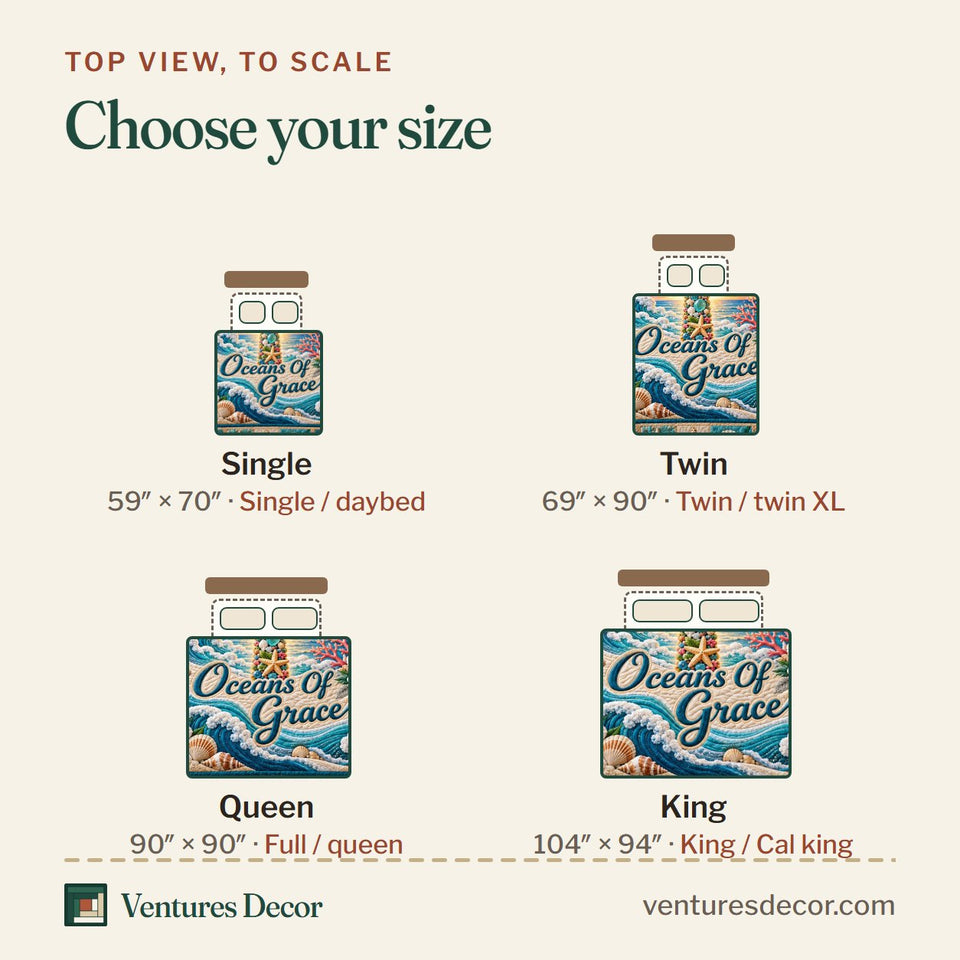 Size guide for the Christian Faith in Teal and Blush Quilt Set, 3-Piece Quilted Bedding with 2 Pillow Shams quilt, top view to scale: Single 59 x 70 in, Twin 69 x 90 in, Queen 90 x 90 in, King 104 x 94 in