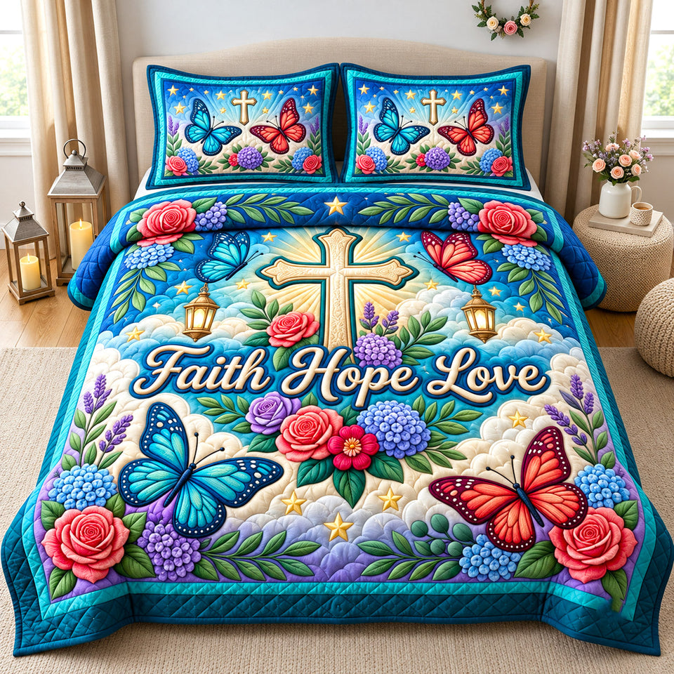 Christian Faith in Teal and Cream quilted bedding set, quilt and two pillow shams on a made bed