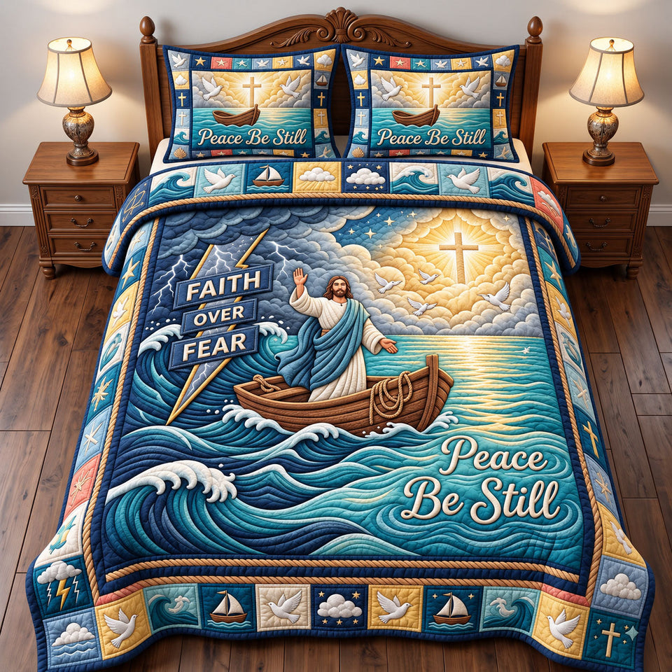 Christian Faith in Teal and Navy quilted bedding set, quilt and two pillow shams on a made bed