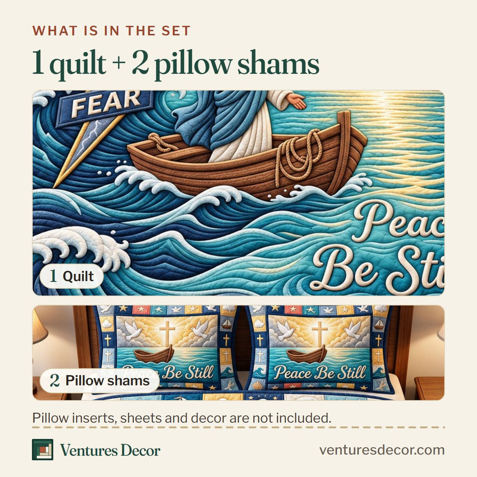 What is in the set: one quilt and two pillow shams, shown in the Christian Faith in Teal and Navy Quilt Set, 3-Piece Quilted Bedding with 2 Pillow Shams design