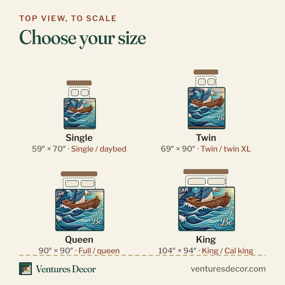 Size guide for the Christian Faith in Teal and Navy Quilt Set, 3-Piece Quilted Bedding with 2 Pillow Shams quilt, top view to scale: Single 59 x 70 in, Twin 69 x 90 in, Queen 90 x 90 in, King 104 x 94 in