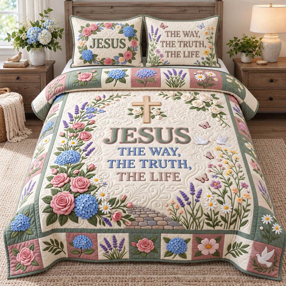 Christian Faith Jesus quilted bedding set, quilt and two pillow shams on a made bed